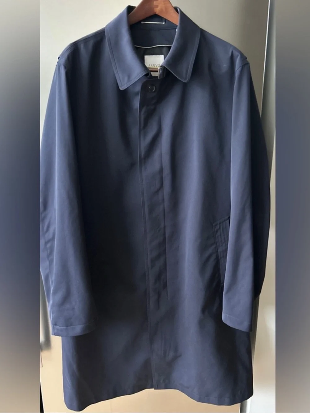 Sanyo Men’s Navy Raincoat Car Coat Hidden Placket Throat Latch